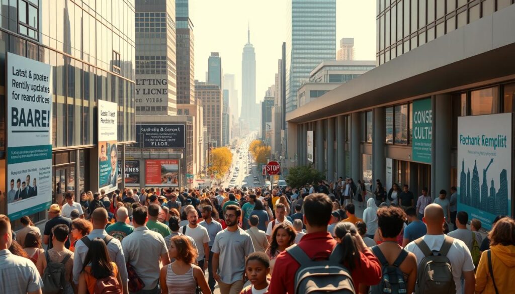 A bustling urban setting in 2025 USA, showcasing the evolving landscape of rental assistance programs. In the foreground, a diverse array of people queue outside a modern government building, seeking aid and support. The middle ground features billboards and signage detailing the latest policy updates and funding initiatives, conveying a sense of progress and change. In the background, a cityscape of skyscrapers and infrastructure, reflecting the broader economic and social dynamics shaping the rental landscape. Warm, natural lighting illuminates the scene, evoking a hopeful and cooperative atmosphere as the community navigates the evolving rental assistance landscape.