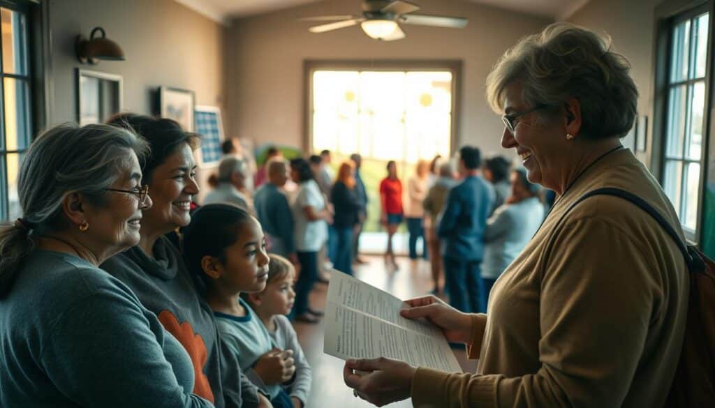 A cozy community center, its windows bathed in a warm glow, stands as a beacon of hope for those in need of energy assistance. In the foreground, a family gratefully accepts information from a friendly volunteer, their faces illuminated by the soft, inviting lighting. The middle ground reveals a bustling scene, with people of all ages gathered, sharing stories and seeking guidance. In the background, a mural depicting renewable energy sources, such as solar panels and wind turbines, symbolizes the sustainable solutions offered by this non-profit organization. The overall atmosphere conveys a sense of compassion, community, and a shared commitment to addressing the energy needs of those facing financial challenges.
