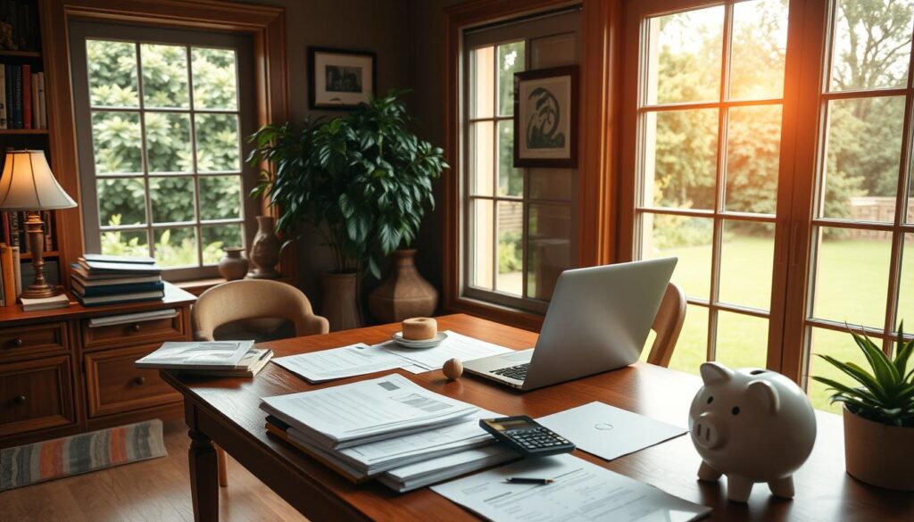 A cozy study with warm lighting, a person sitting at a wooden desk, intently focused on a laptop and calculator, surrounded by neatly organized financial documents and a piggy bank. The room has a sense of determination and purpose, with a large window overlooking a lush, green garden, hinting at the importance of building a secure financial future. The overall atmosphere conveys a feeling of diligence, organization, and a commitment to creating a reliable emergency fund.