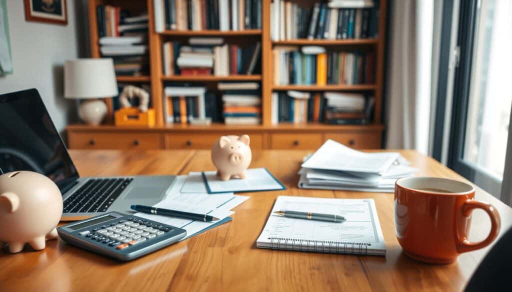 A cozy, well-lit home office with a wooden desk, a laptop, and various financial documents neatly organized. In the foreground, a piggy bank and a calculator sit on the desk, symbolizing savings and budgeting. The middle ground features a financial planner's notebook, a pen, and a cup of coffee, suggesting a focused and diligent approach to financial planning. The background showcases a bookshelf filled with finance-related books, creating an atmosphere of knowledge and expertise. The overall scene conveys a sense of order, discipline, and a clear path towards financial success.