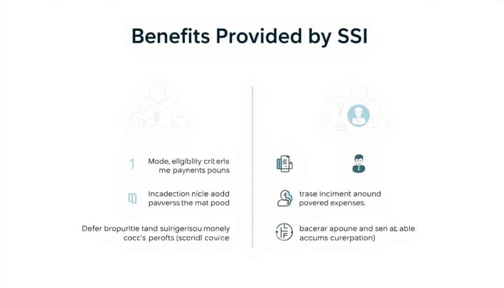 A crisp, neatly designed infographic showing the key differences between SSI (Supplemental Security Income) and SSDI (Social Security Disability Insurance) benefits. The foreground features clean, minimalist icons and text highlighting the core characteristics of each program, such as eligibility criteria, payment amounts, and covered expenses. The middle ground showcases a subtle, balanced layout with plenty of whitespace to aid comprehension. The background has a soft, muted gradient that reinforces the professional, authoritative tone. The overall aesthetic is sleek, modern, and easy to understand, perfectly suited to illustrate the "Benefits Provided by SSI" section of the article.