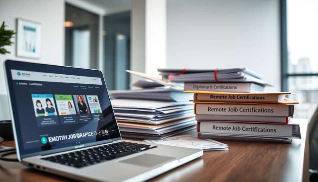 A crisp, well-lit image of a desk cluttered with various remote job certification documents, diplomas, and course completion certificates. The foreground features a laptop with an open screen displaying online learning platforms, while the middle ground showcases a stack of folders and binders labeled "Remote Job Certifications". The background blurs into a clean, minimalist office setting with a window overlooking a cityscape. The overall mood is one of productivity, achievement, and a sense of professional growth and development tailored for remote work opportunities.
