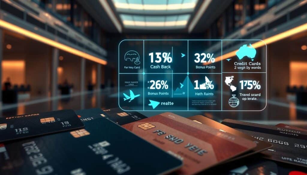 A detailed, high-quality image of credit card rewards. In the foreground, various credit cards with prominent reward program logos and symbols are arranged in an overlapping pattern, conveying the idea of different reward schemes. The middle ground features a glowing, holographic display showing statistics and graphics related to credit card rewards, such as cash back percentages, bonus point multipliers, and travel perks. The background depicts a sleek, modern financial environment with minimalist architecture, soft lighting, and a hint of reflective surfaces to create a sense of sophistication and affluence. The overall mood is one of elegance, technology, and the tangible benefits of credit card rewards programs.