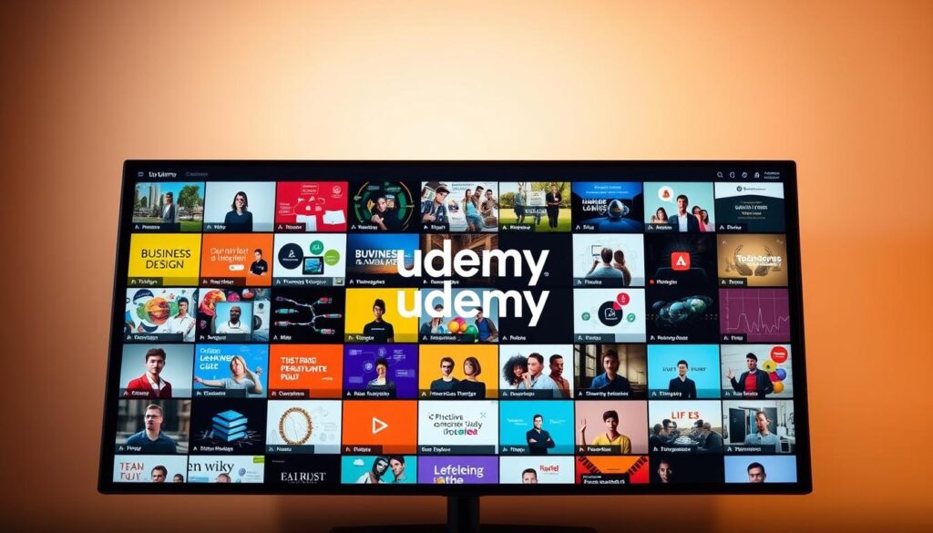 A diverse array of online course topics displayed on a sleek, modern digital interface. The foreground features a grid of colorful course thumbnails, each representing a unique subject area such as business, technology, design, and the arts. The middle ground showcases a central Udemy logo, conveying the platform's authoritative presence in the online education space. The background is a minimalist gradient, lending an elegant, high-quality feel to the overall composition. Warm, diffused lighting creates a welcoming, inviting atmosphere, encouraging the viewer to explore Udemy's vast educational offerings.