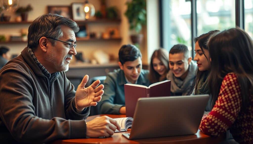 A diverse group of immigrants engaged in lively conversation, sitting around a table in a cozy, well-lit cafe. In the foreground, a middle-aged man gestures animatedly as he speaks to a young woman, her brow furrowed in concentration as she listens intently. In the middle ground, a pair of students pore over a language textbook, their faces lit by the soft glow of a laptop screen. The background is filled with the warm, muted tones of the cafe's decor, creating a welcoming and inclusive atmosphere. The overall scene conveys a sense of cultural exchange, shared learning, and a supportive community.