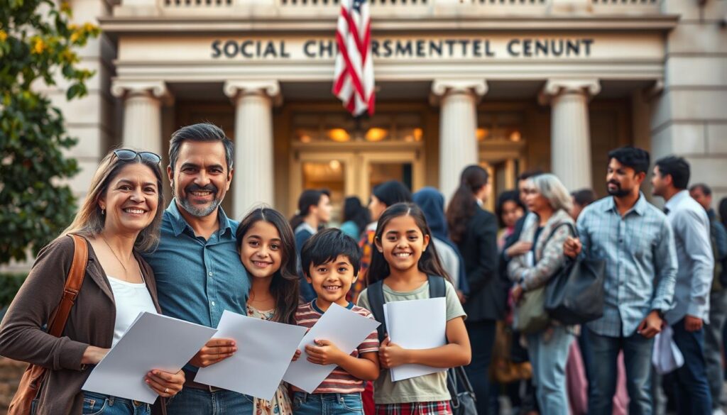 A diverse group of immigrants standing in front of a government building, representing the social security benefits they are entitled to. The foreground features a family of four - a mother, father, and two children - smiling and holding documents. In the middle ground, a line of people waiting to enter the building, conveying a sense of community and shared experience. The background depicts the building's facade, with an American flag hanging proudly, symbolizing the integration of immigrants into American society. The scene is illuminated by warm, natural lighting, creating a welcoming and hopeful atmosphere.