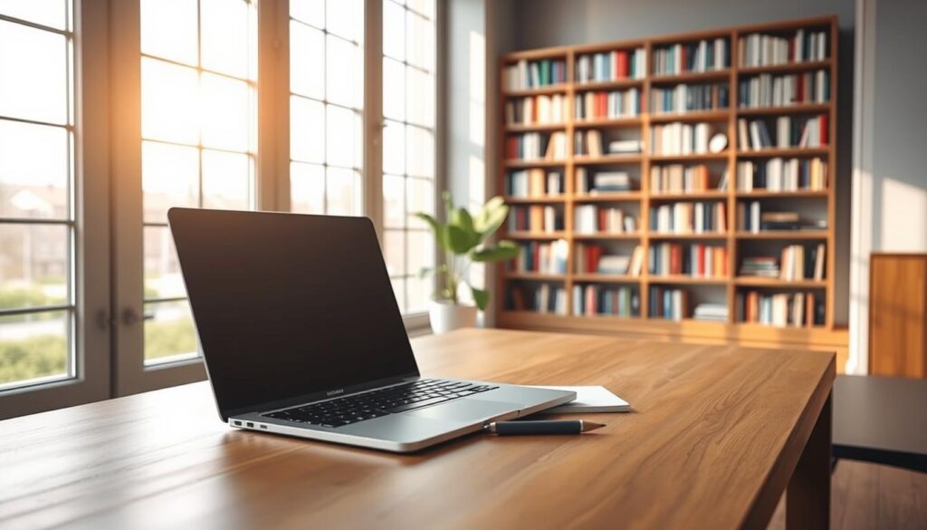 A minimalist workspace with a laptop, notebook, and pen on a clean, wooden desk. Natural lighting filters in through large windows, casting a warm glow. In the background, bookshelves line the walls, hinting at the wealth of knowledge available. The overall atmosphere is one of focus and productivity, reflecting the diligent pursuit of the Google Career Certificates. A sense of accomplishment and growth radiates from the scene, inspiring the viewer to embark on their own educational journey.