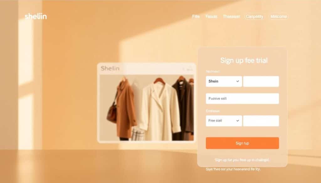 A modern, minimal-style sign-up page for Shein's free trial program. In the foreground, a sleek, mobile-friendly interface with clean typography and intuitive form fields. The middle ground features a product carousel showcasing Shein's latest fashion trends, while the background has a subtle, textured pattern evoking the brand's aesthetic. Warm, natural lighting creates a welcoming atmosphere, with a soft, pastel color palette that reflects the youthful, aspirational nature of the Shein brand. The overall composition conveys a seamless, user-friendly experience that invites the viewer to effortlessly sign up for the free trial.