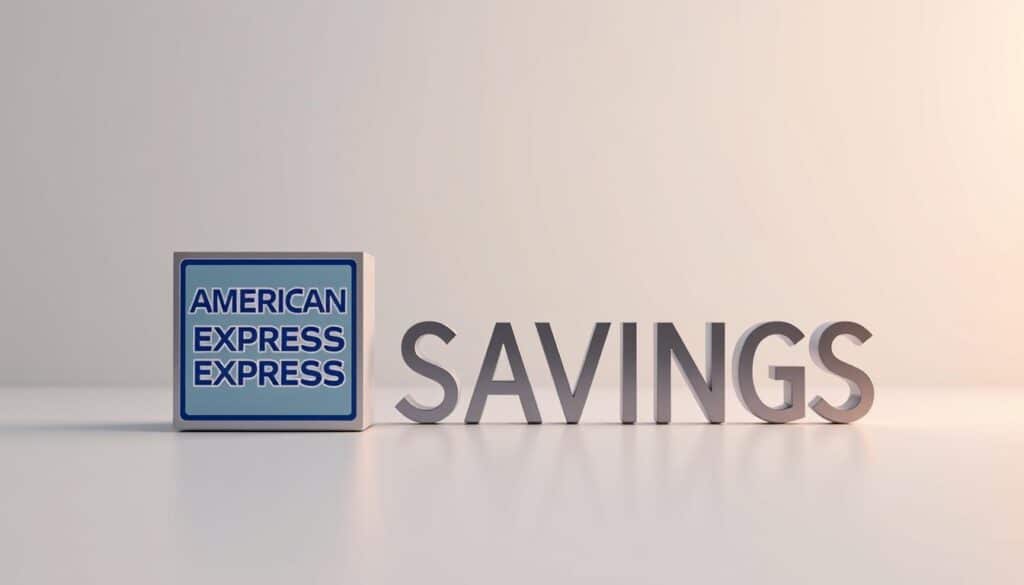 A modern, minimalist rendering of the American Express National Bank savings account logo set against a clean, elegant background. The foreground features the iconic American Express triangle icon crafted in a 3D, metallic finish, reflecting warm, directional lighting. The middle ground showcases a sleek, contemporary typeface spelling out "SAVINGS" in a soft, muted color palette. The background is a simple, gradient-filled scene, creating a sense of depth and focus on the central elements. The overall atmosphere exudes a professional, trustworthy vibe suitable for a high-yield savings account.