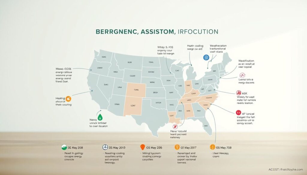 A modern, well-designed infographic depicting the various state-level energy assistance programs across the United States. The foreground showcases a clean, minimalist layout with vibrant icons and illustrations representing different types of aid, such as heating/cooling subsidies, utility bill discounts, and weatherization services. The middle ground features a stylized map of the US, with each state color-coded to indicate the specific programs available. The background has a soft, gradient-based color scheme, creating a professional, informative atmosphere. The lighting is soft and diffused, with a subtle depth of field to focus the viewer's attention. The overall aesthetic is sleek, data-driven, and easy to comprehend, reflecting the practical nature of the subject matter.