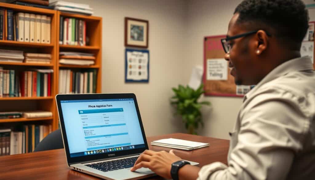 A neatly organized office space, bathed in warm, soft lighting. In the foreground, a person seated at a desk, intently focused on a phone application form displayed on a laptop screen. The background features a bookshelf filled with reference materials, alongside a bulletin board with instructions and helpful resources for the SNAP benefits application process. An atmosphere of professionalism and attention to detail pervades the scene, conveying the importance of this critical step in securing essential government aid.