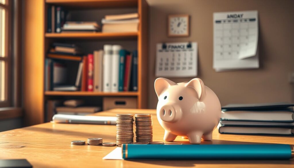 A neatly organized office space with a wooden desk, a piggy bank, and a stack of coins. The scene is illuminated by warm, natural lighting from a nearby window, casting a soft glow on the objects. In the background, a bookshelf filled with finance-related books and a wall calendar serve as a backdrop, reinforcing the theme of financial planning and budgeting. The overall composition conveys a sense of order, security, and the importance of building an emergency fund as part of a responsible financial strategy.