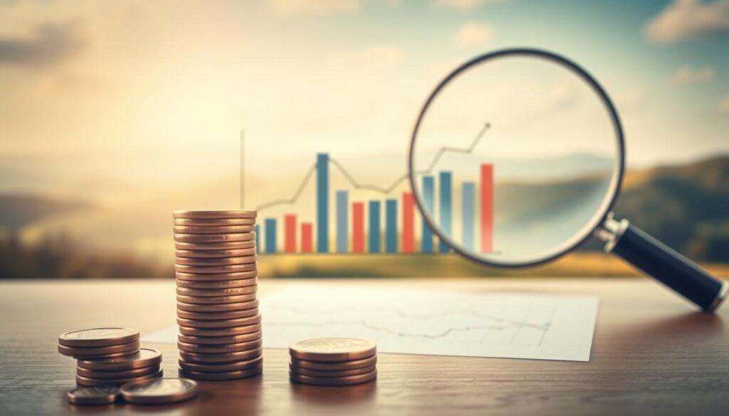 A serene and contemplative scene of retirement investment strategies. In the foreground, a stack of coins and a magnifying glass, symbolizing careful analysis and growth. In the middle ground, a chart displaying financial trends, conveying the importance of informed decision-making. The background features a peaceful landscape of rolling hills, a calming reminder of the long-term nature of retirement planning. Soft, warm lighting illuminates the scene, creating a sense of reassurance and security. The overall atmosphere is one of thoughtfulness, diligence, and a well-planned future.