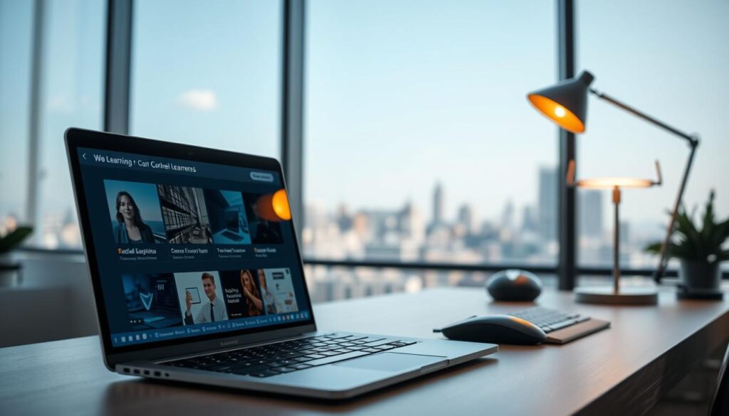 A serene online learning environment with a clean, modern design. In the foreground, a laptop screen displays various web development course options, with sleek icons and clear course titles. The middle ground features a minimalist desk setup, including a mouse, keyboard, and a stylish desk lamp casting a warm glow. The background showcases a blurred cityscape through a large window, hinting at the boundless opportunities available to online learners. The overall atmosphere conveys a sense of focus, productivity, and the potential for personal growth through free, accessible web development education.