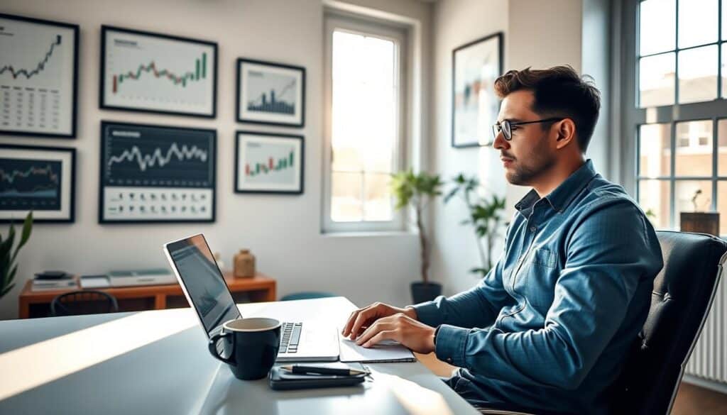 A serene, well-lit home office with a sleek, minimal desk featuring a laptop, notebook, and a cup of coffee. The walls are adorned with framed stock charts and financial graphs, conveying a sense of expertise and focus on investing. Sunlight streams in through large windows, casting a warm glow on the space. The user, dressed in casual but professional attire, is intently studying online investment courses displayed on the laptop screen, their expression one of thoughtful concentration. The overall atmosphere is one of productive learning and financial empowerment.