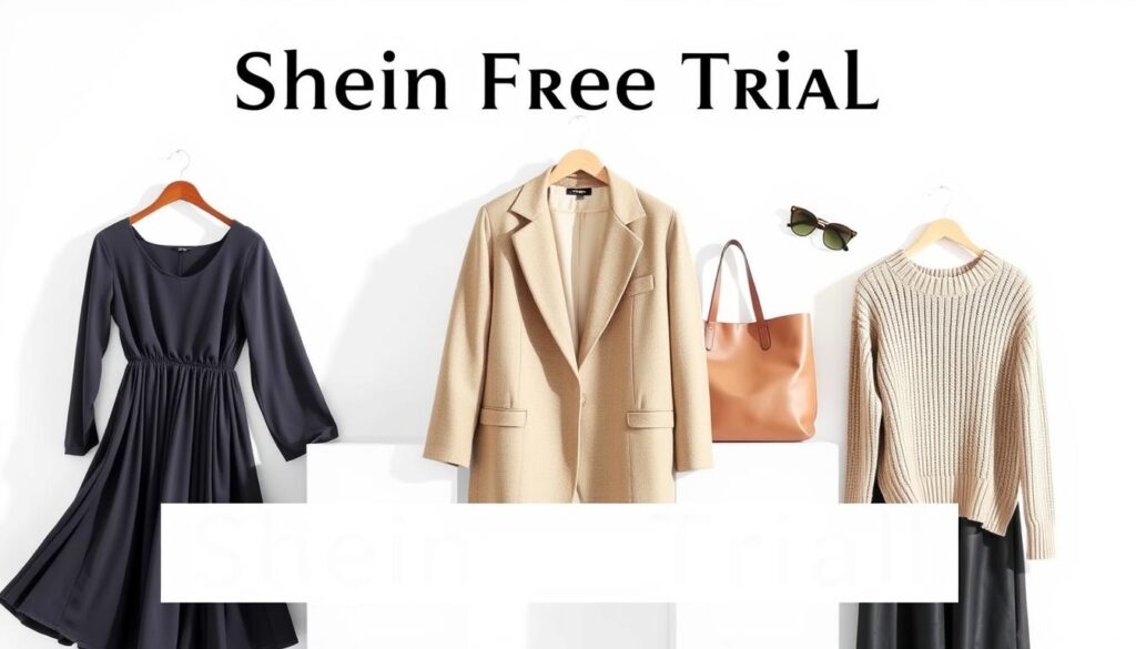 A sleek, minimalist arrangement of various clothing items from the Shein free trial program, captured in soft, natural lighting against a clean, white background. The foreground features a selection of garments - a flowing dress, a structured blazer, and a cozy knit sweater - neatly displayed to showcase their quality and style. The middle ground includes a few accessories, such as a stylish tote bag and a pair of trendy sunglasses, subtly hinting at the breadth of the free trial offerings. The background maintains a sense of simplicity, allowing the featured items to take center stage and emphasize their availability through the Shein free trial.