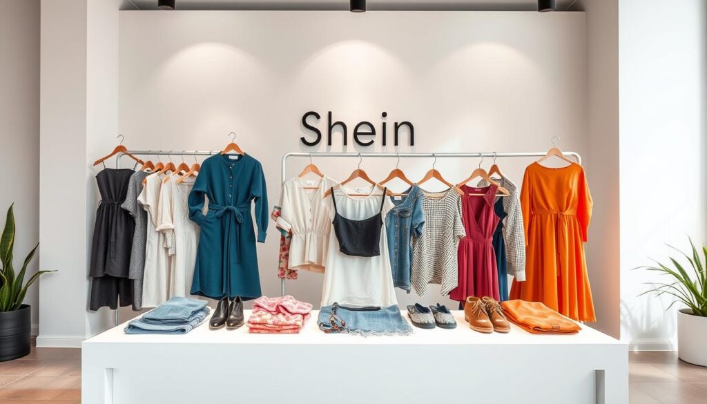 A stylish and affordable clothing display showcasing Shein's diverse fashion offerings. The foreground features an array of trendy garments, including dresses, tops, and accessories, neatly arranged on a minimalist white table. The middle ground presents a clean, modern backdrop with soft, directional lighting, highlighting the vibrant colors and textures of the clothing. The background subtly suggests an elegant, minimalist studio setting, with hints of natural elements like potted plants or a simple geometric wall decor, creating a visually appealing and aspirational atmosphere. The overall composition conveys a sense of accessibility and attainability, reflecting Shein's position as a go-to source for budget-friendly, on-trend fashion.