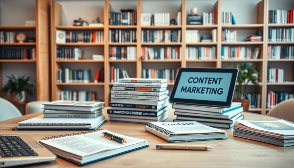 A table with various content marketing course materials, including textbooks, online tutorials, and digital resources, arranged in a well-lit, modern office setting. The foreground features a laptop, notebook, and pen, while the middle ground showcases a stack of books and a tablet displaying course content. The background depicts shelves filled with additional marketing-related literature, creating a professional and educational atmosphere. The lighting is soft and even, with a warm, inviting tone that enhances the scholarly ambiance. The composition is balanced and visually appealing, capturing the essence of free, high-quality content marketing courses for beginners.