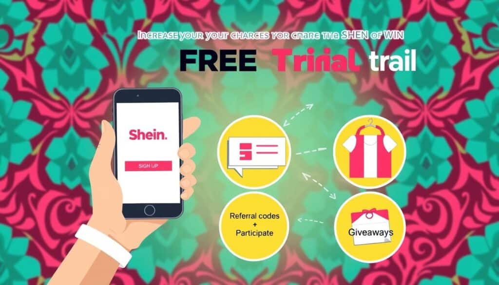 A vibrant and dynamic illustration showcasing the strategies for increasing one's chances of winning Shein's free trial promotion. In the foreground, a hand holding a smartphone displays the Shein app, symbolizing the ease of signing up. The middle ground depicts a visual representation of the various tactics, such as sharing on social media, using referral codes, and participating in giveaways. The background features a stylized, colorful pattern of Shein's signature aesthetic, creating an engaging and visually appealing composition. The overall scene conveys a sense of excitement and optimism, encouraging the viewer to explore the opportunities for maximizing their odds of success in the Shein free trial.