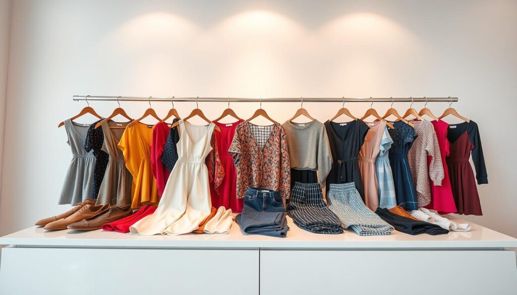 A vibrant and dynamic image showcasing a collection of free Shein apparel items, meticulously arranged on a sleek, modern tabletop. The clothing pieces, ranging from stylish dresses to trendy tops and bottoms, are strategically positioned to highlight their quality and visual appeal. Soft, diffused lighting emanates from above, casting a warm, inviting glow and accentuating the fabrics' textures and colors. The background features a minimalist, yet sophisticated setting, with a plain white wall providing a clean, uncluttered backdrop. The overall composition conveys a sense of effortless chic, capturing the essence of Shein's referral program and the joy of acquiring free, fashionable clothing.