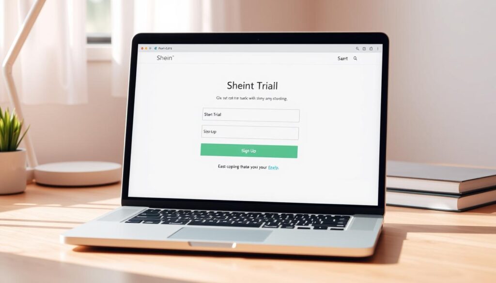 A vibrant, high-resolution image of a Shein free trial sign-up page, displayed on a modern laptop screen against a minimalist, light-colored desk setup. The laptop screen shows a clean, well-designed interface with prominent "Start Free Trial" and "Sign Up" buttons, along with input fields for personal information. The scene is bathed in soft, natural lighting, creating a warm, inviting atmosphere. The laptop is positioned at a slight angle, drawing the viewer's attention to the sign-up process. The overall composition conveys a sense of simplicity, accessibility, and the ease of completing the Shein free trial application.