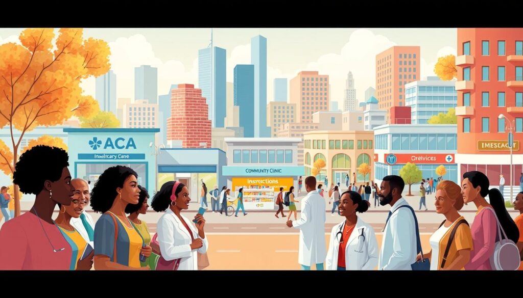 A vibrant illustration of the Affordable Care Act's healthcare options for low-income Americans. In the foreground, a diverse group of people - young and old, diverse ethnicities - are shown accessing medical services, from a doctor's visit to picking up prescriptions. The middle ground depicts healthcare facilities, such as a community clinic and insurance enrollment center, all with welcoming, modern architecture. The background showcases a cityscape with skyscrapers and busy streets, representing the urban landscape where these services are available. The scene is bathed in warm, natural lighting, creating a sense of accessibility and inclusivity. The overall mood is one of empowerment and hope, showcasing the ACA's role in providing affordable healthcare to those in need.