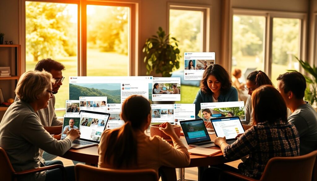 A vibrant, online community of caregivers exchanging knowledge and encouragement. In the foreground, a group of diverse individuals engrossed in lively discussion around a cozy, well-lit table, laptops and tablets at the ready. In the middle ground, a collage of web pages and social media feeds, showcasing informative articles, supportive forums, and interactive learning resources. The background features a serene, verdant landscape, symbolizing the rejuvenating power of connection and shared experience. Warm, natural lighting filters through large windows, creating a welcoming, inviting atmosphere. The overall scene conveys a sense of empowerment, collaboration, and a commitment to continuous growth and self-improvement.
