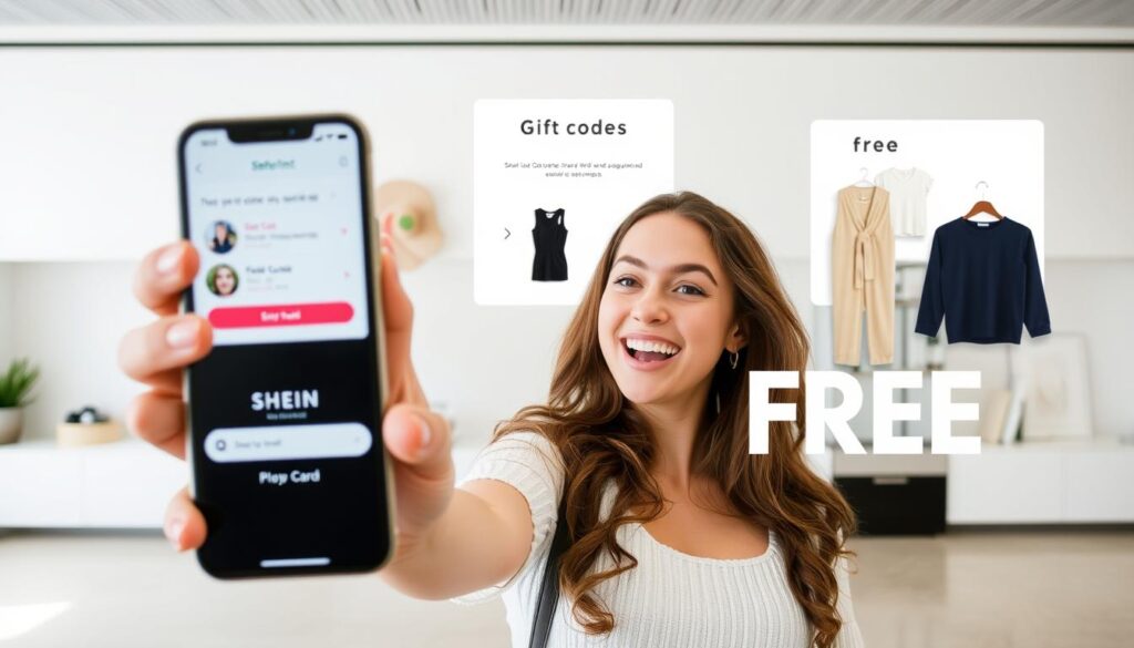 A vibrant, well-lit image depicting various ways to utilize Shein's referral program. In the foreground, a young woman enthusiastically shares a smartphone screen showcasing Shein's referral options. In the middle ground, gift cards, discount codes, and free clothing items are prominently displayed, hinting at the rewards of the referral program. The background features a minimalist, modern setting with clean lines and neutral tones, allowing the focal elements to stand out. The overall composition conveys a sense of excitement and the potential to score free clothes through Shein's referral system.