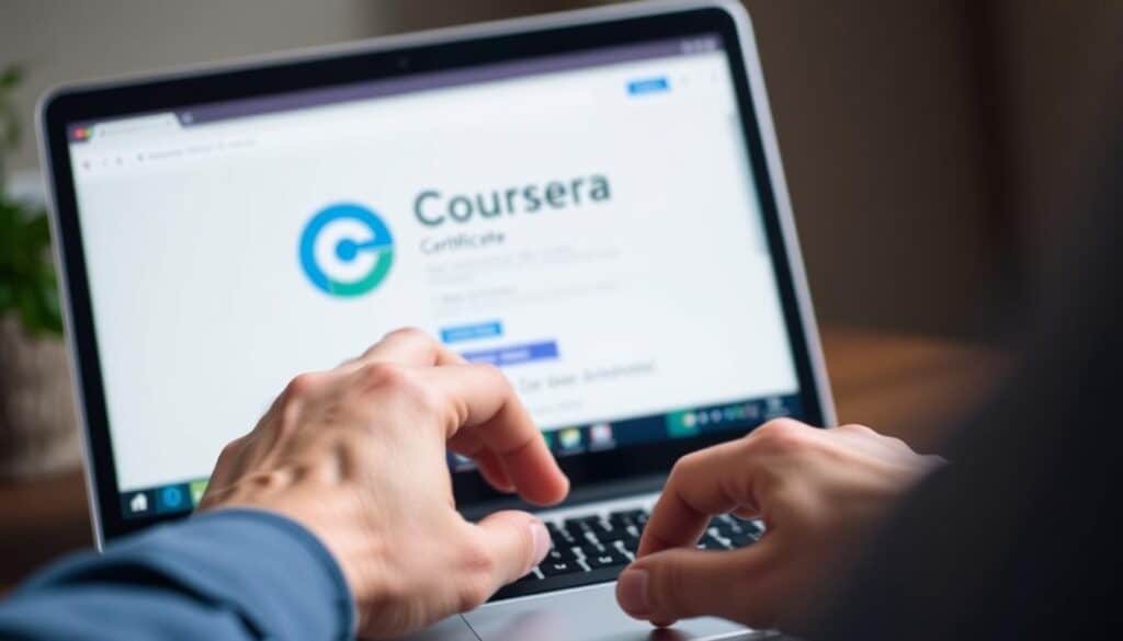 A well-lit, close-up view of a person's hands completing the final steps to obtain a free Coursera certification. The foreground shows the hands navigating through a laptop or mobile device screen, highlighting the certificate issuance process. The middle ground depicts the Coursera logo and platform interface, conveying the online learning environment. The background is softly blurred, maintaining focus on the actionable steps. The overall scene radiates a sense of accomplishment and the successful completion of course requirements, reflecting the subject of the article section.