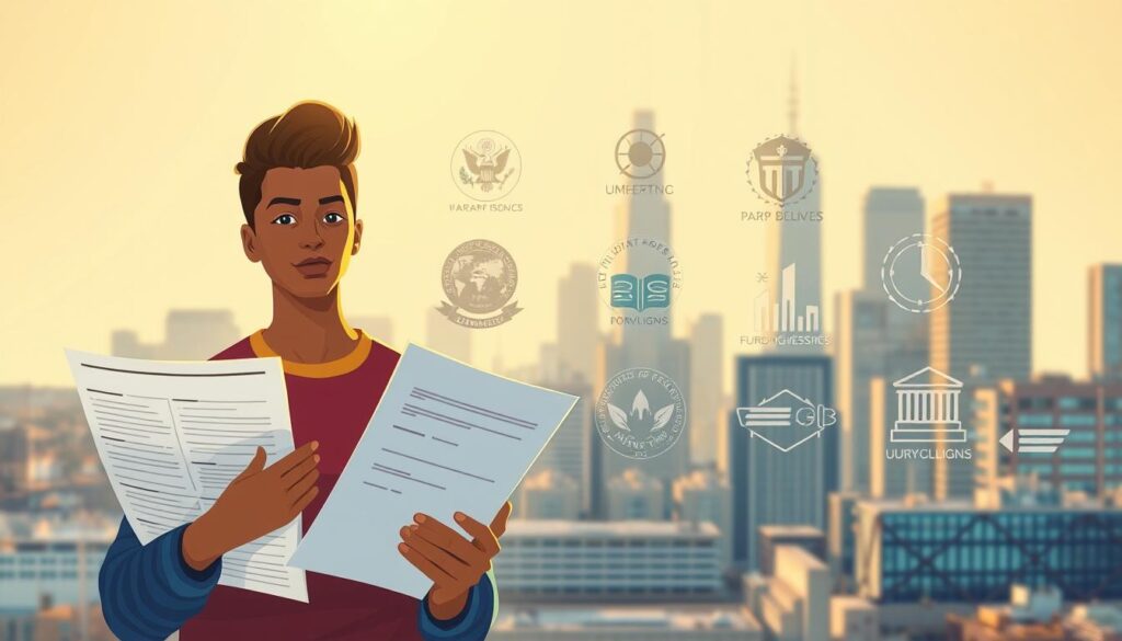 A well-lit, detailed illustration showcasing student loan forgiveness programs in the United States. In the foreground, a person holding documents representing student loan debt, with a focused expression. In the middle ground, various government agency logos and icons symbolizing different forgiveness initiatives. In the background, a cityscape with modern architecture, conveying a sense of progress and opportunity. The scene is bathed in warm, natural lighting, creating a hopeful and empowering atmosphere. The composition emphasizes the accessibility and impact of these vital debt relief programs.