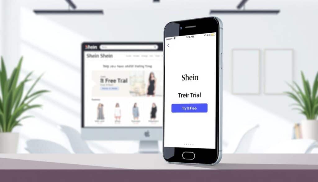 A well-lit, high-resolution digital illustration showcasing the Shein free trial process. In the foreground, a smartphone screen displays the Shein website's free trial section, with a prominent "Try It Free" button inviting the user to initiate the process. The middle ground features a stylized user interface, with clean lines, minimalist icons, and a streamlined layout guiding the user through the various steps. The background depicts a modern, minimalist office setting, with subtle hints of Shein's branding elements, such as the signature colors and patterns, creating a cohesive and visually appealing scene. The overall atmosphere is one of simplicity, accessibility, and a seamless user experience, reflecting the essence of the "Accessing the Free Trial Section" subject.