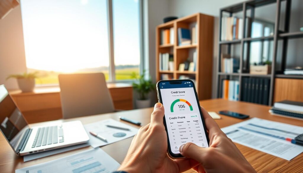 A well-lit home office with a laptop, financial documents, and a calculator on a wooden desk. In the foreground, a person's hands are pointing to a smartphone screen displaying a credit score dashboard. The middle ground features a bookshelf with personal finance books, and the background showcases a large window with a serene outdoor landscape. The scene conveys a sense of focus, organization, and the pursuit of financial improvement through technology and expert knowledge.