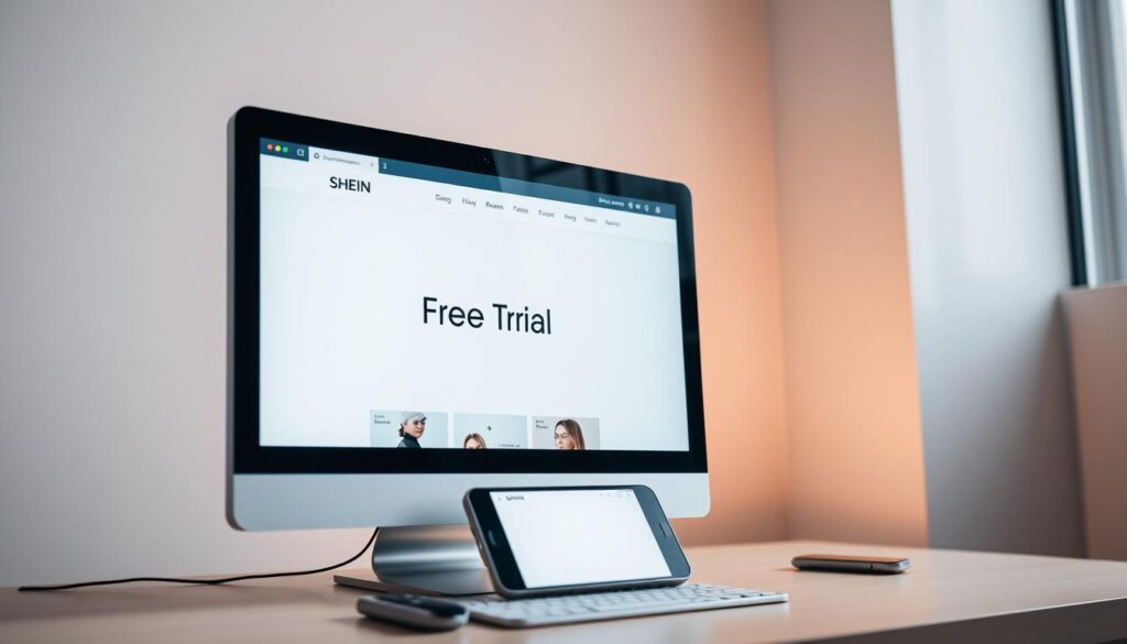 A well-lit, studio-style image of a computer screen or mobile device displaying the Shein website, with the "Free Trial" program prominently featured. The screen should be positioned in the foreground, with a clean, minimalist background that highlights the digital interface. The lighting should be soft and diffused, creating a warm, inviting atmosphere. The angle should be slightly elevated, giving the viewer a sense of authority and professionalism. The overall composition should convey a sense of reliability and trustworthiness, reflecting the informative nature of the "Common FAQs About the Shein Free Trial Program" section.