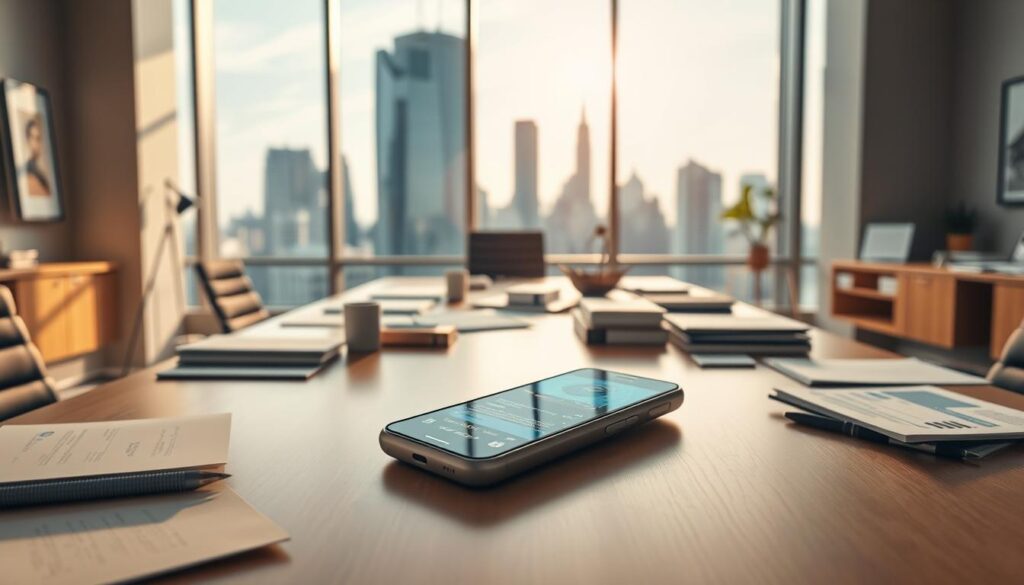 An modern office interior with a large desk featuring a government-issued smartphone on the surface, surrounded by various office supplies and documents. The lighting is warm and inviting, creating a professional yet accessible atmosphere. The room is filled with clean lines, neutral tones, and a sense of technological integration. In the background, a window overlooking a bustling city skyline, symbolizing the connectivity and accessibility of government services. The overall scene conveys the concept of a government-subsidized phone program, seamlessly integrated into a functional and efficient work environment.