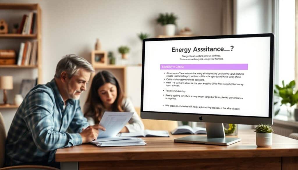 Detailed and informative image of "energy assistance eligibility" set against a warm, inviting background. In the foreground, a family gathers around a table, discussing application forms and documents. Soft, diffused lighting casts a gentle glow, conveying a sense of care and support. In the middle ground, a computer screen displays eligibility criteria, highlighted by clean typography and minimal iconography. The background features a cozy domestic scene, with bookshelves, potted plants, and subtle accents that evoke a welcoming, home-like atmosphere. The overall composition balances information and emotion, creating an image that is both visually appealing and informative.
