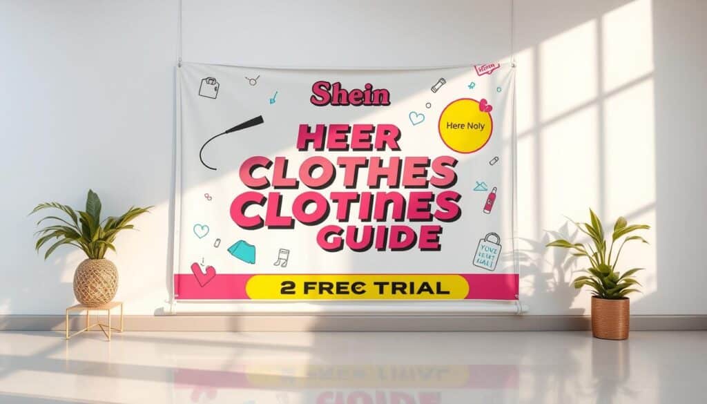 Prompt A vibrant and stylish "Shein Free Clothes Guide" banner prominently displayed on a clean, minimalist background. The banner features a dynamic layout with eye-catching graphics, including a colorful Shein logo, various clothing icons, and a prominent "Free Trial" message. The lighting is soft and natural, creating a warm and inviting atmosphere. The camera angle is slightly elevated, giving the image a polished, editorial feel. The overall composition is balanced and visually appealing, drawing the viewer's attention to the key information about Shein's loyalty program.