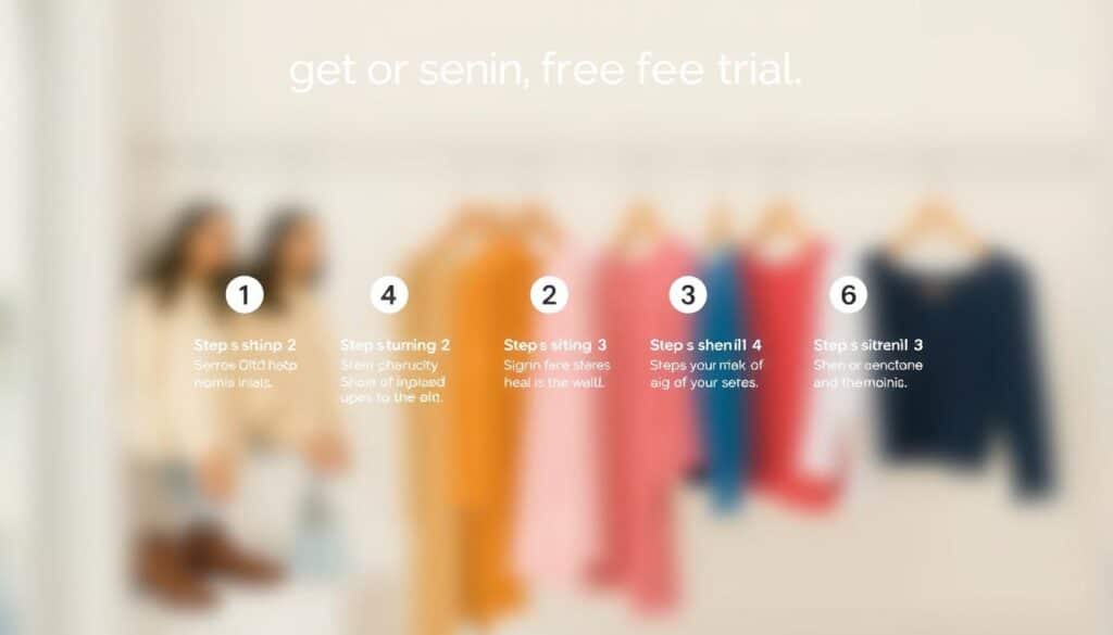 Steps to get Shein free trial: A clean, minimalist illustration depicting a set of five numbered steps leading the viewer through the process of signing up for a Shein free trial. The steps are rendered in a neutral color palette, with a soft, slightly blurred background to keep the focus on the steps. The steps are presented in a clear, logical flow, with a sense of progression and momentum. The lighting is soft and diffused, creating a calm, inviting atmosphere. The perspective is slightly elevated, giving the viewer a bird's-eye view of the steps, making the process feel accessible and straightforward.